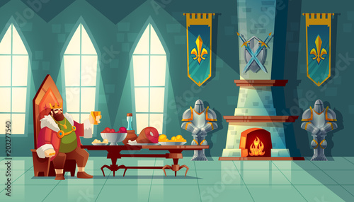 Vector castle hall with king eats lunch. Feast table with food, banquet