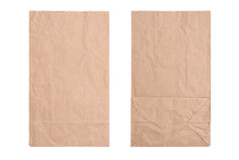 Brown Paper Bag, Flat Lay.
New Kraft Paper Bag Laying Flat Front And Back Isolated White Background And Clipping Path.