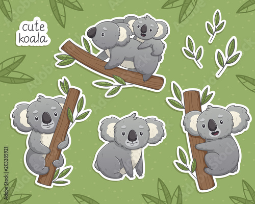 Dekoracja na wymiar  kreskowka-szara-koala-w-roznych-pozach-siedzac-wspinajac-sie-na-drzewo-z-dzieckiem-ilustracje-wektorowe