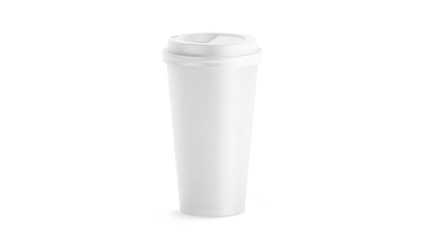 Fototapete - Blank white disposable large cup mock up isolated, looped rotation, clipping mask, 3d rendering. Empty polystyrene coffee drinking mug mockup front view. Clear plain tea take away turning.