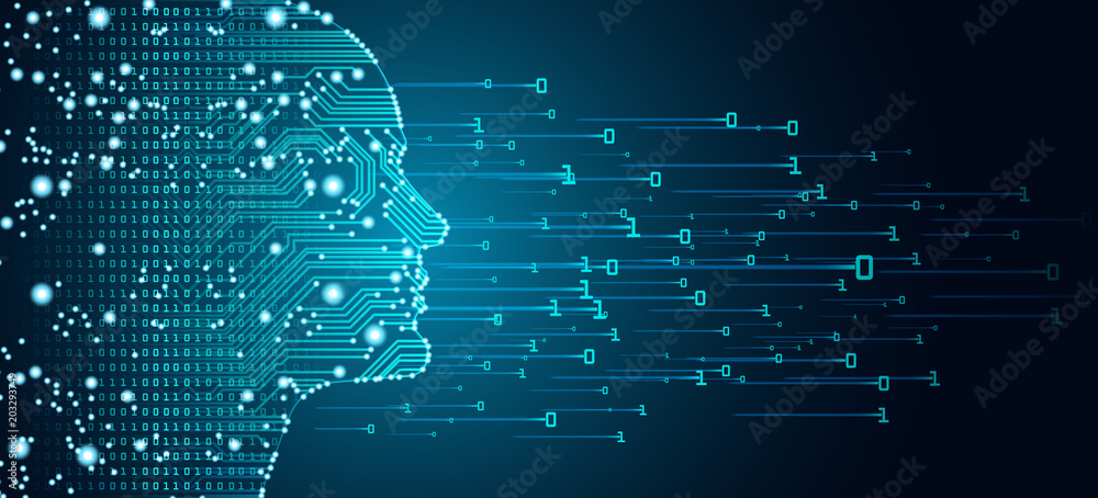 Big data and artificial intelligence concept. Machine learning and cyber mind domination concept in form of men face outline outline with circuit board and binary data flow on blue background. - obrazy, fototapety, plakaty 