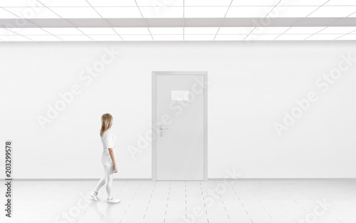 Woman Stand Near Blank Name Plate Design Mockup Hanging On Door Door Sign Mock Up Template Woman Stand Near Blank Name Plate Design Mockup Hanging On Door Door Sign Mock Up Template