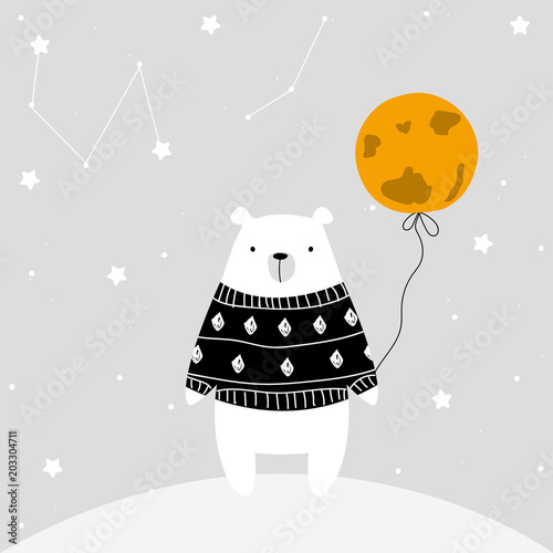 Fototapeta na szkło Polar bear with balloon moon. Vector hand drawn illustration.