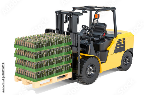 Cuadros en Lienzo Wooden pallet with glass bottles wrapped in the shrink film on the forklift truc
