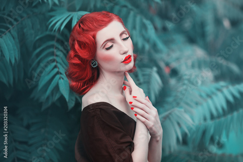 Red Haired Girl In A Free Flying Dress And Retro Hairstyle