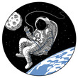 Astronaut or cosmonaut in open space vector illustration. Sketch retro design of astronaut in space suit on earth or moon planet orbit showing hello hand gesture in porthole window of spaceship rocket