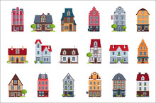 Old European Houses Facade Set, Colorful Houses Of Different Architectural Styles Vector Illustrations On A White Background
