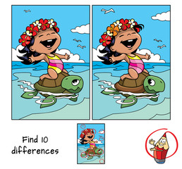 Wall Mural - Happy little baby girl in a swimsuit and a Hawaiian wreath  riding a sea turtle. Find 10 differences. Educational game for children. Cartoon vector illustration