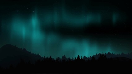 Wall Mural - Arctic bright northern light over forest landscape. Realistic aurora borealis digital motion animation.