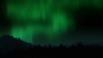 Wall Mural - Arctic bright northern light over forest landscape. Realistic aurora borealis digital motion animation.