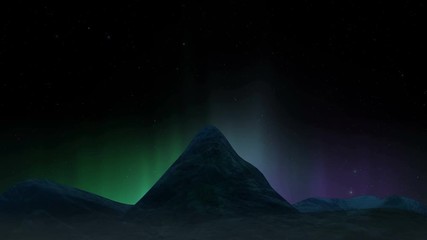 Wall Mural - Arctic bright northern light over mountains landscape. Realistic aurora borealis digital motion animation.