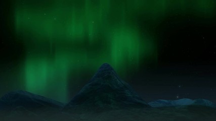 Wall Mural - Arctic bright northern light over mountains landscape. Realistic aurora borealis digital motion animation.