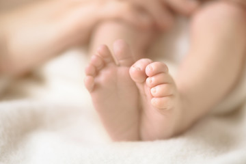 Wall Mural - newborn baby feet on creamy blanket. mom and her child. maternity, family, birth concept. copy space