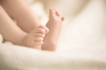 Wall Mural - newborn baby feet on creamy blanket. mom and her child. maternity, family, birth concept. copy space