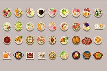 Flat Vector Set Of Various Dishes. Detailed Food Icons. Coffee And Green Tea. Culinary Theme. Delicious Meal. Elements For Restaurant Or Cafe Menu