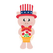 4 july cartoon cute pig in hat with basket and flowers
