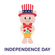 4 july cartoon cute pig in hat with basket and flowers with text