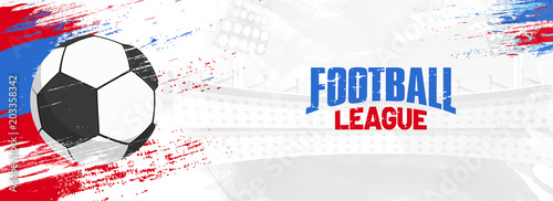 Football league, web banner design with soccer ball on colorful grungy background. © Abdul Qaiyoom