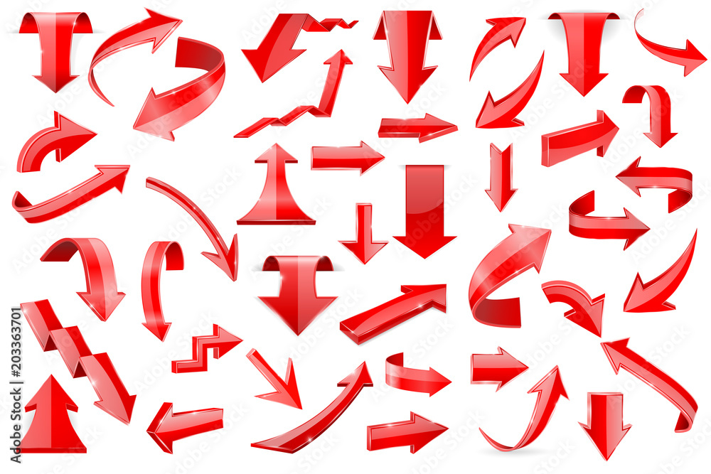 Red arrows. Set of shiny 3d icons isolated on white background - obrazy, fototapety, plakaty 