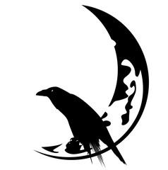 Wall Mural - raven bird sitting on a crescent moon black vector silhouette - halloween character design