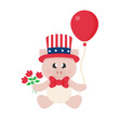 4 july cartoon cute pig in hat sitting with flowers and balloon