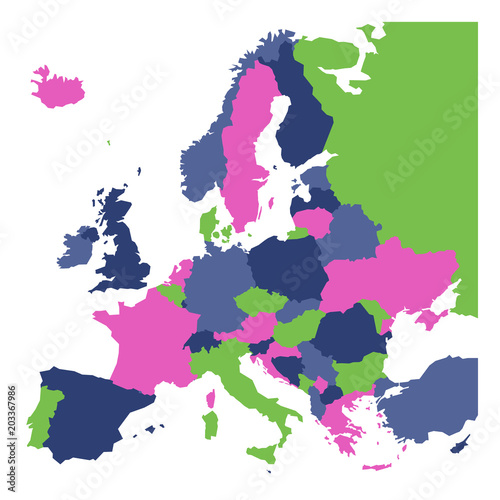 Fototapeta na szkło Polityczna mapa kontynentu europejskiego w czterech kolorach z białymi etykietami nazwy kraju i na białym tle. Ilustracji wektorowych.