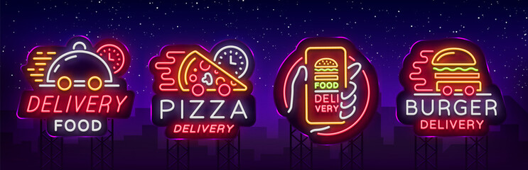 Food delivery set neon signs. Logotype collection neon, light banner, bright night advertising for delivery food for restaurant, pizzerias, cafes. Burger, Pizza. Vector illustration. Billboard