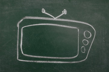 Old television, tv drawn on chalkboard, blackboard background, texture