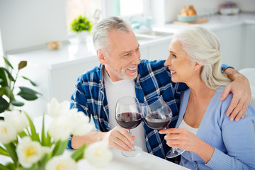 Poster - Lovely cheerful stylish attractive romantic couple sitting in the kitchen clinking glasses with red wine looking at each other enjoying time together, handsome man hugging his beautiful lover