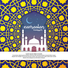 Wall Mural - Ramadan Kareem islamic greeting with mosque and abstract ornament pattern element design for Banner or Card Background Vector illustration.