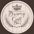 Vector label for craft beer and brewery on wooden barrel with handwritten inscription, crown and wheat or barley ears in retro style.