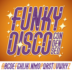 Poster - vector script, modern tall freaky alphabet letters set with parallel lines, can be used for logo cre