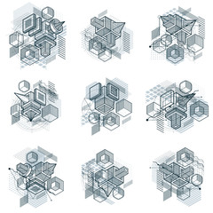 Poster - Abstract isometrics backgrounds, 3d vector layout. Compositions of cubes, hexagons, squares, rectangles and different abstract elements. Vector collection.