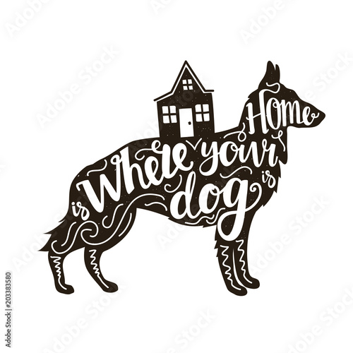 Fotografie, Obraz Vector illustration with german shepherd silhouette, house and lettering words - Home is where your dog is