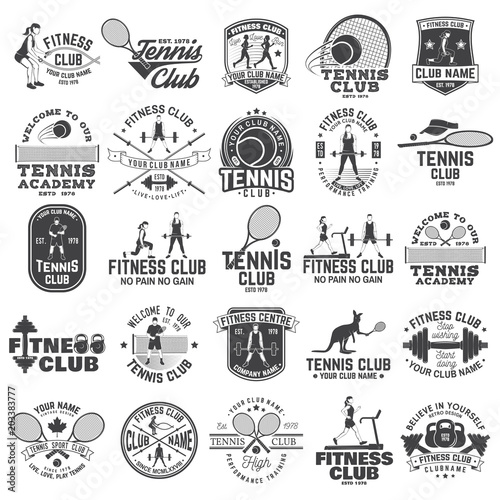 Fotografía Set of fitness and tennis club concept with girls doing exercise and tennis player silhouette