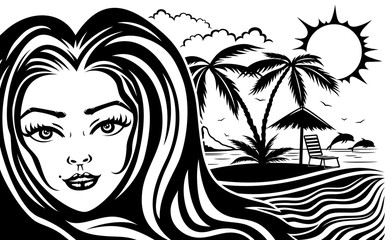 Wall Mural - Beautiful woman with long hair on a tropical beach.
