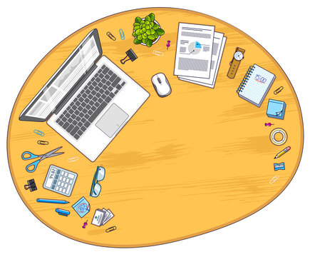 Wooden office employee or entrepreneur work desk workplace with laptop computer and diverse stationery objects for work with copy space for text. All elements are easy to use separately. Vector.