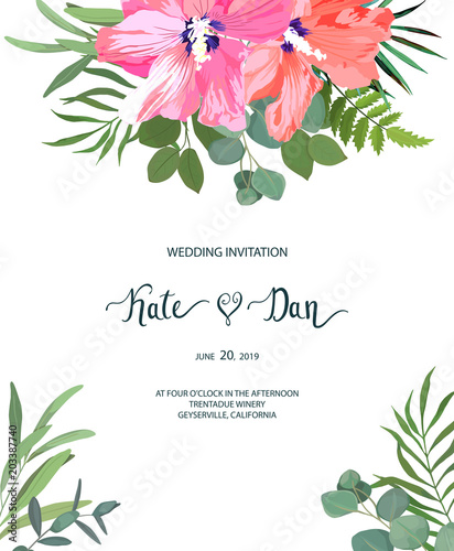 Floral set with hibiscus. Wedding Invitation, save the date, rsvp, invite car...
