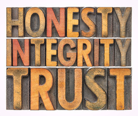 Wall Mural - honesty, integrity, trust word abstract in wood type