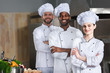 © LIGHTFIELD STUDIOS - Multiracial chefs team posing with folded arms on kitchen