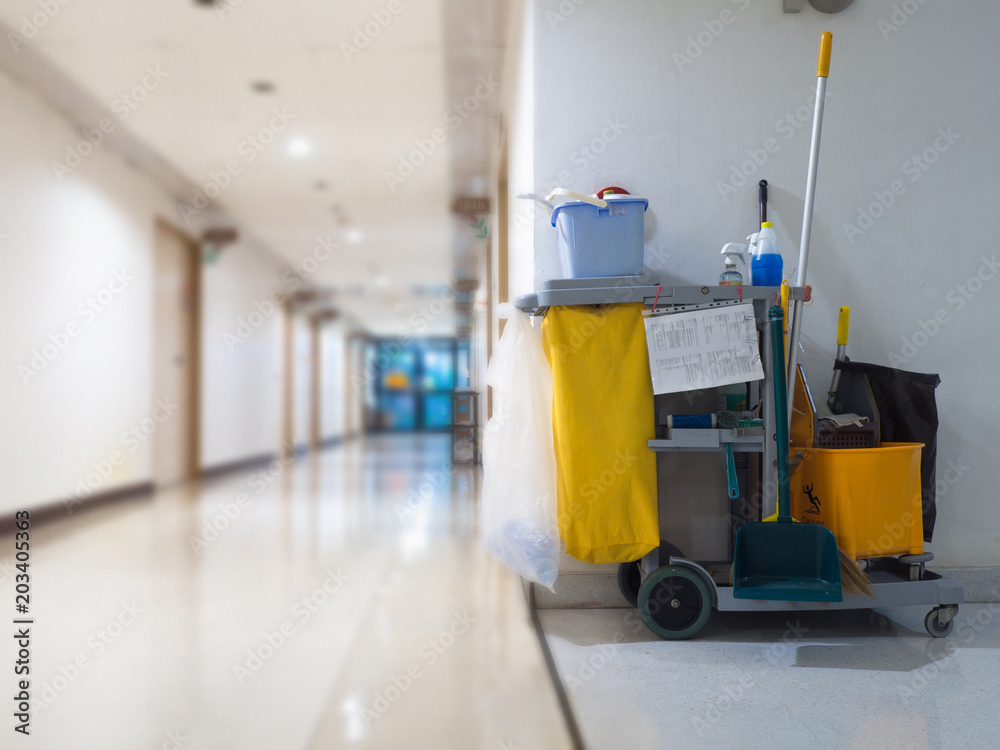 Cleaning tools cart wait for maid or cleaner in the hospital. Bucket and set of cleaning equipment in the hospital. Concept of service, worker and equipment for cleaner and health - obrazy, fototapety, plakaty 