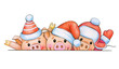 Fun pig cartoons in Christmas hats, hiding by bank, isolated on white.Christmas card.