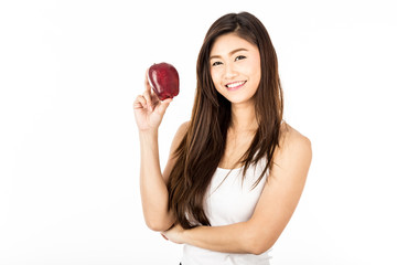 Beautiful Attractive Asian woman with smooth hair smile and showing red apple feeling so happiness with healthy skin,Isolated on white background,Healthy Concept