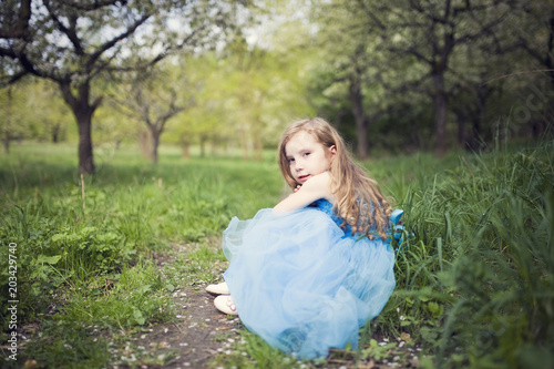 Photographie  Beautiful little princess gril with blue dress in spring orchard