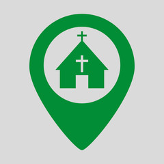 Map pointer icon with church on grey background.