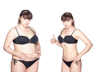 before and after weight loss. rejuvenation. Fat woman comparison thin