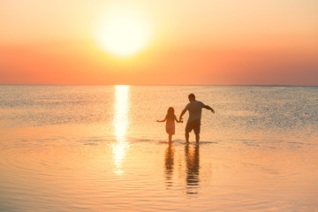 Wall Mural - father with daughter walking by the sea