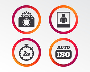 Wall Mural - Photo camera icon. Flash light and Auto ISO symbols. Stopwatch timer 2 seconds sign. Human portrait photo frame. Infographic design buttons. Circle templates. Vector