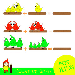 Counting game for preschool children. Count how many birds of a certain color are sitting on the crossbar. 