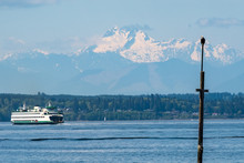 An Eagle Sits On An Old Piling As A Ferry Goes By In The Distance With Mountains In The Background